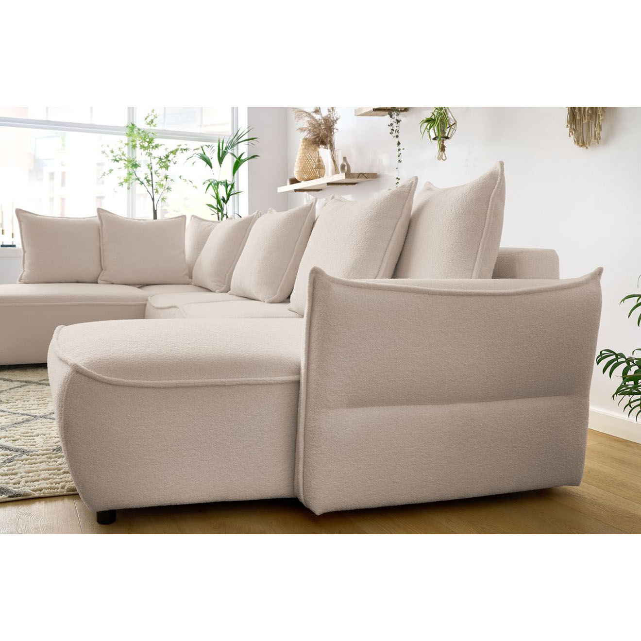 Bobochic Canapé panoramique convertible coffre d'angle droit bouclette léon beige - 320x194x90 cm