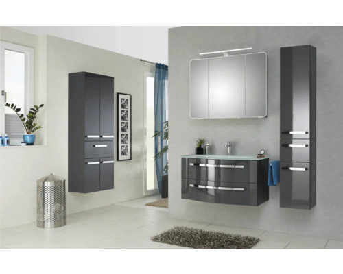 3-delige badkamermeubelset Pelipal xpressline 4005 BxHxD 92 x 200 x 49,1 cm, fronten hoogglans grijs, met witte glazen wastafel en glazen wastafelmeubel, wastafelkast, spiegelkast met LED-verlichting, chromen greep, 992.0900112 9920900112