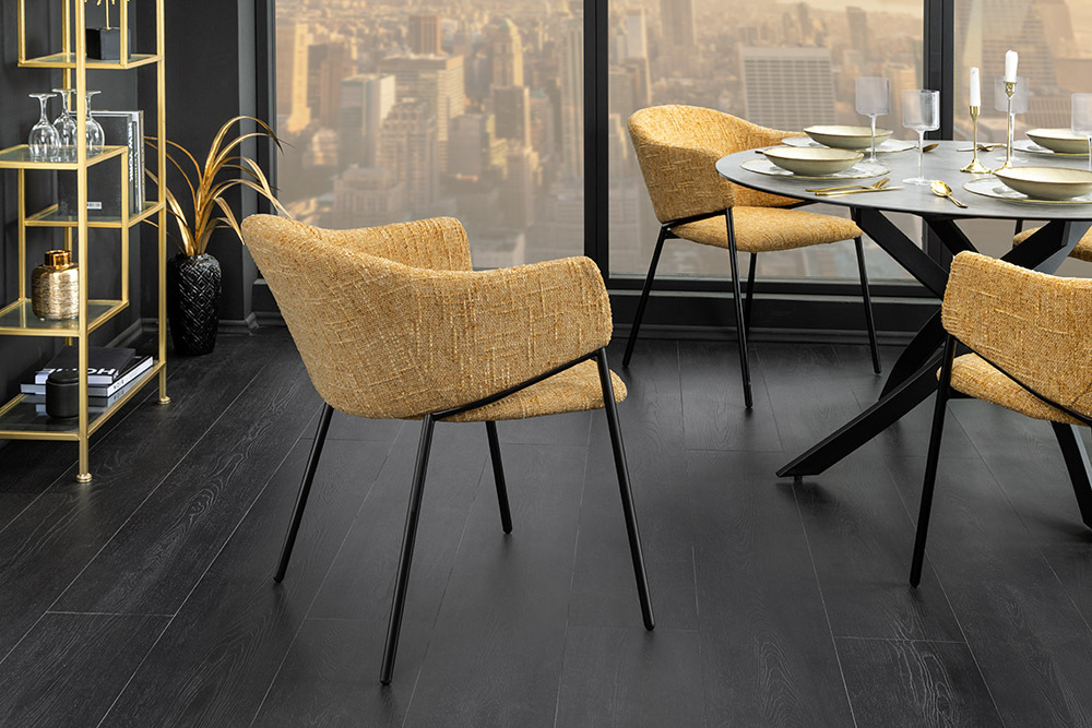 Design Stuhl NOBLESSE senfgelb Chenille schwarzes Metallgestell