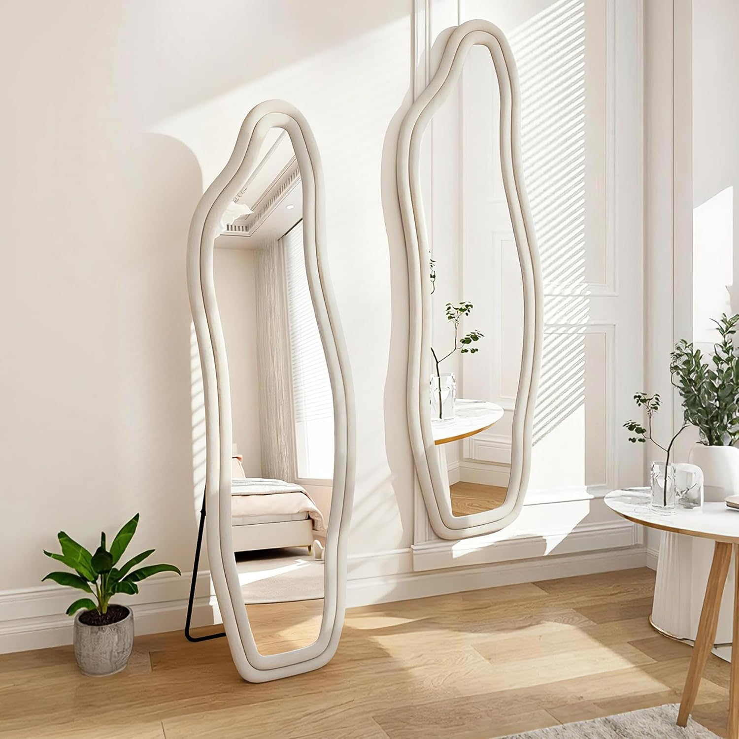 Standspiegel, unregelmäßig, 160 x 50 cm, Integralspiegel mit Adre aus Samt, voller Länge, großer Wandspiegel zum Aufstellen oder Aufhängen, für Schlafzimmer, Wohnzimmer, Ankleidezimmer (weiß