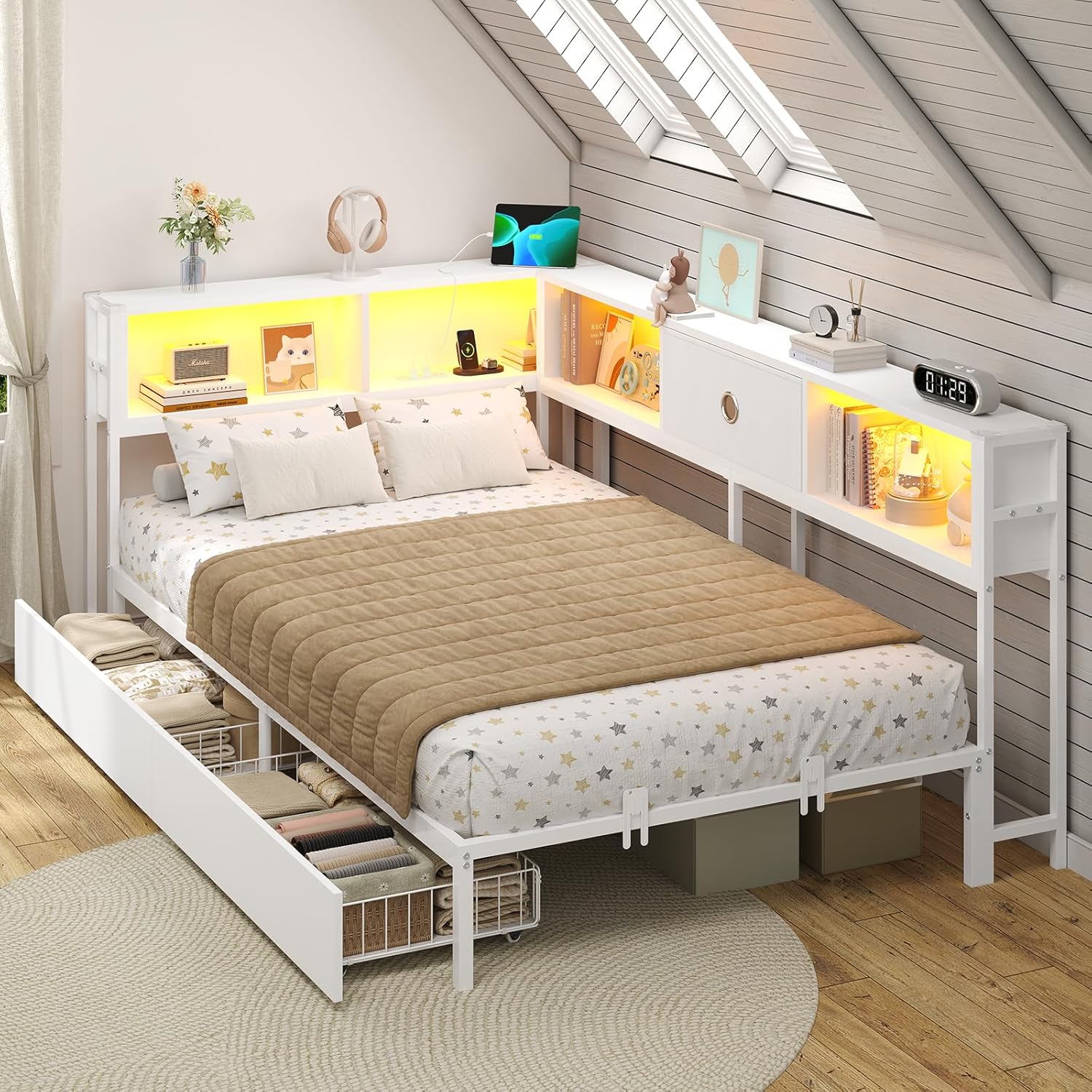 DICTAC Jugendbett 90x200 mit LED-Beleuchtung und Ladestation, Schlafsofa 90 x 200 mit stauraum-5 Staufächern und 2 Schubladen, Tagesbett Einzelbett 90x200 mit Lattenrost aus Metall, weiß LED Daybed