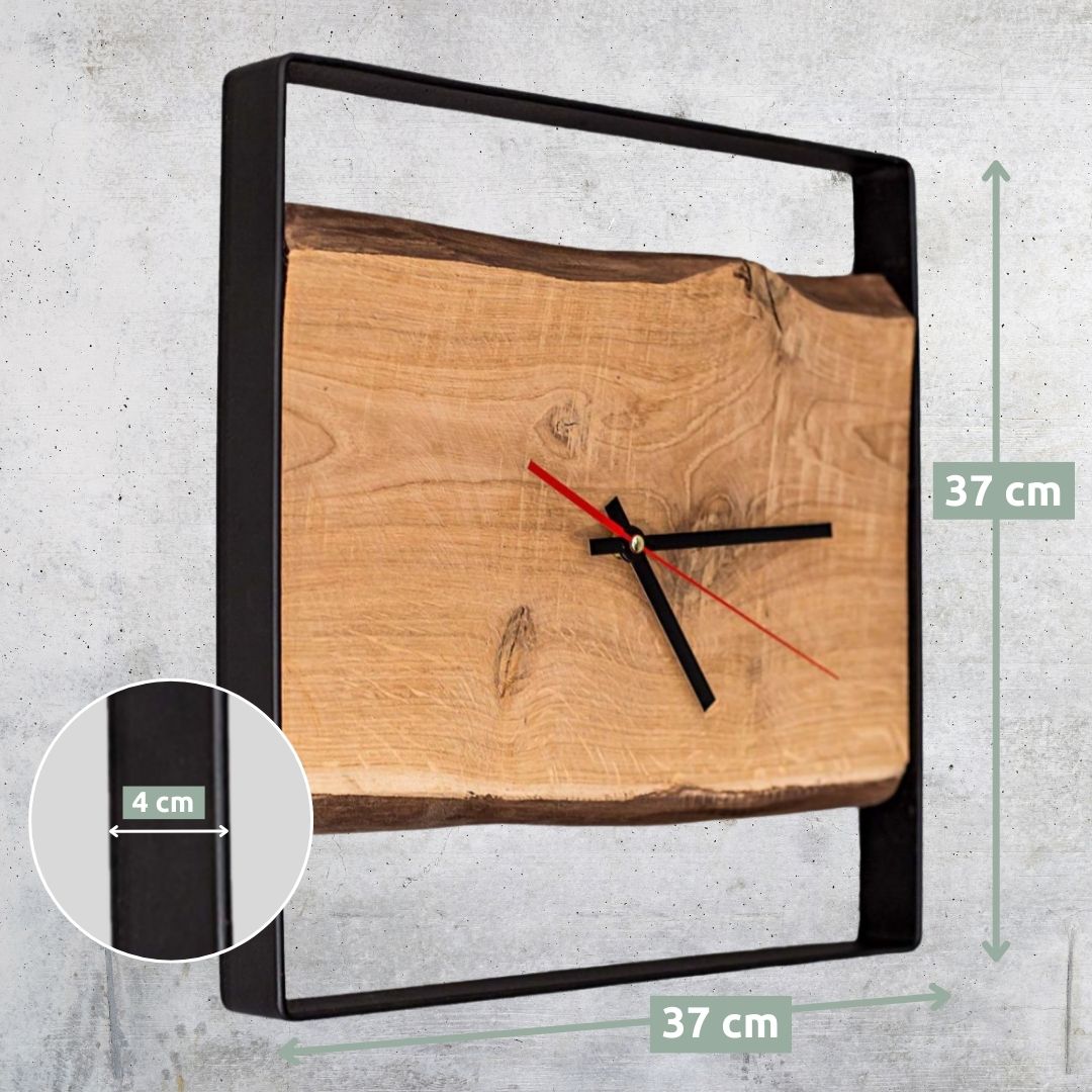 holz4home® Quadratische Wanduhr mit Stahlrahmen aus massiver Eiche von holz4home® | ohne Nuten
