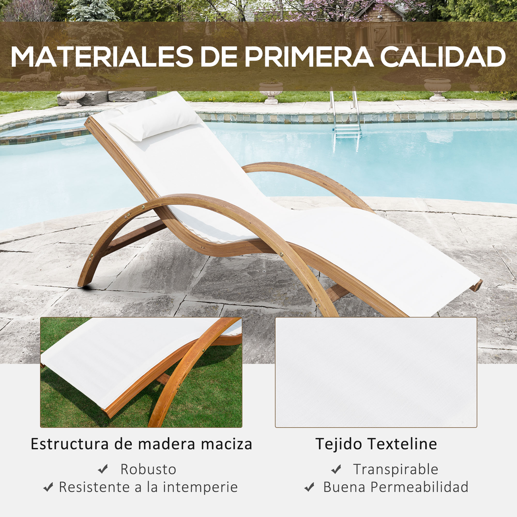 Espreguiçadeira Outsunny estilo rede para jardim, terraço, praia, piscina ou pátio, 161x72x68 cm, branca, feita de madeira, tela e textilene com almofada.