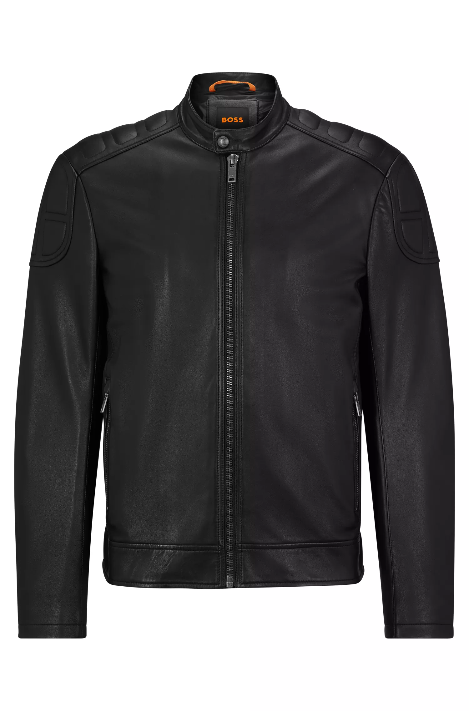 Jaqueta de couro BOSS laranja, corte slim, estilo motociclista, com acolchoamento.