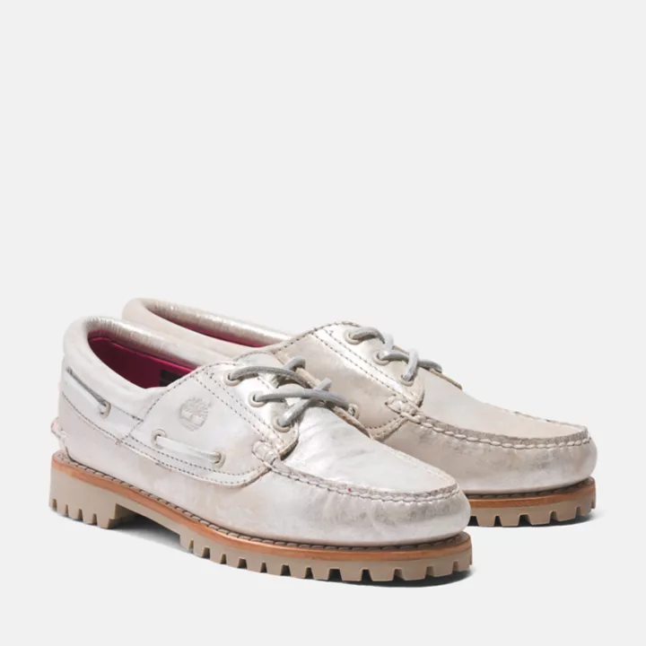 Chaussure bateau Noreen cousue main à 3 œillets pour femme en gris