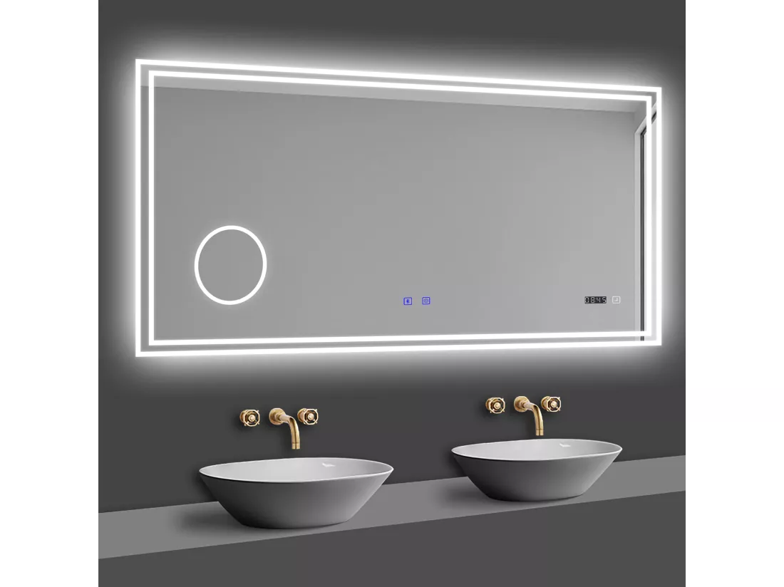 Aica Miroir de Salle de Bain LED avec Bluetooth 140 x 80cm, Miroir Lumineux avec 3 Couleurs et Anti-buée, Mural Miroir éclairé avec grossissant 3x