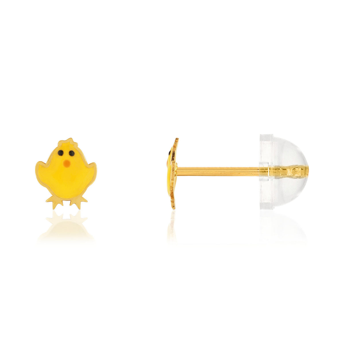 Boucles d'oreilles or jaune 375, laque. Motif poussin.