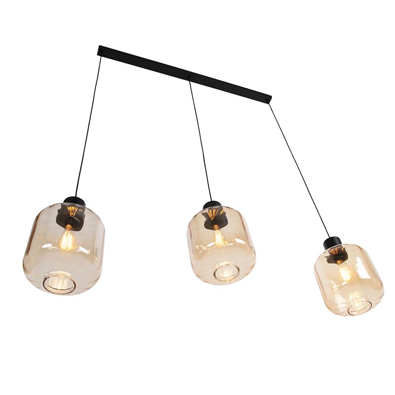 Design hanglamp zwart met amber glas 3-lichts 161,5 cm - Qara