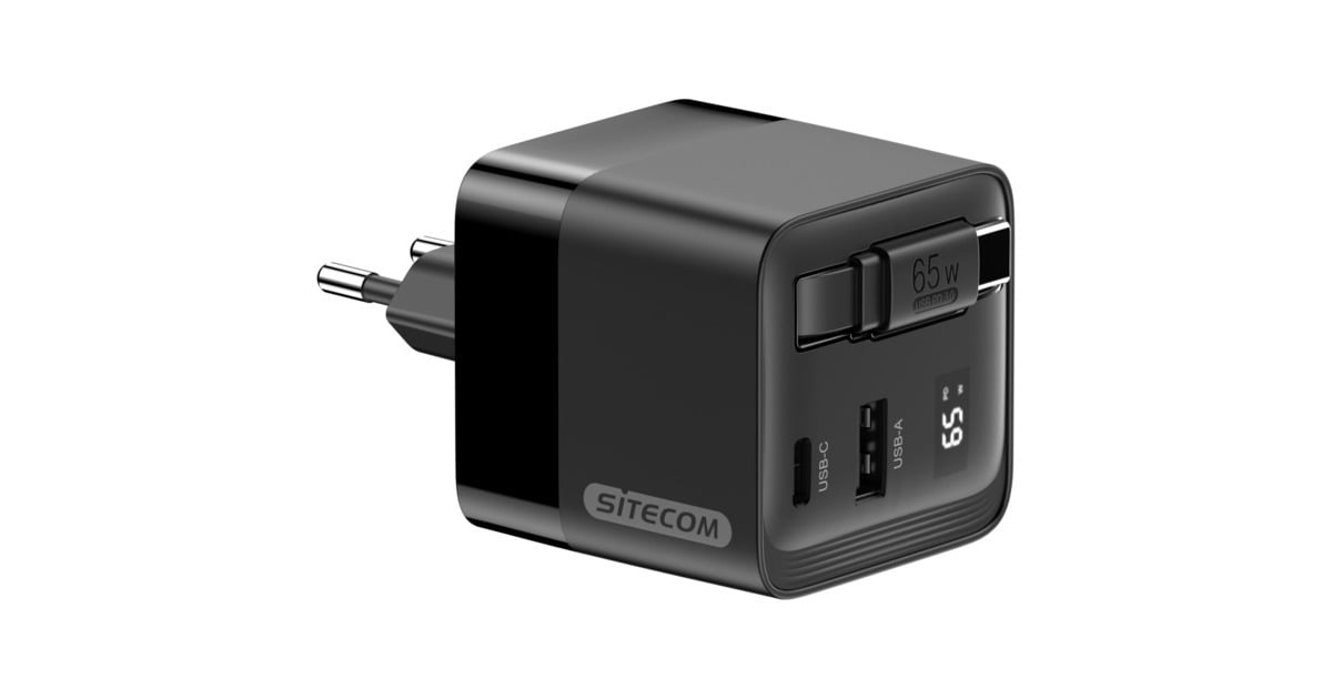 Sitecom65W GaN Power Delivery wandoplader met uittrekbare kabel  (Zwart)