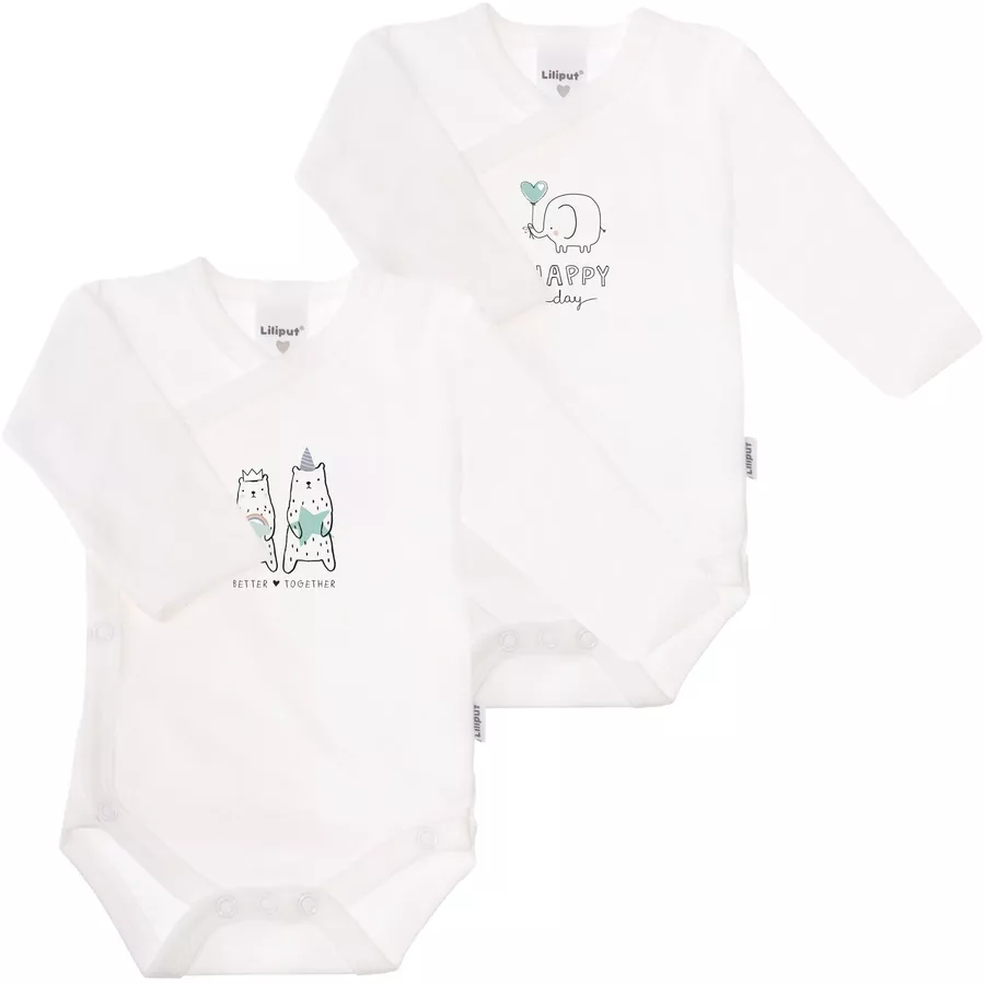 Liliput Langarm-Wickelbody 2er-Pack Happy Elefant und Bären weiß