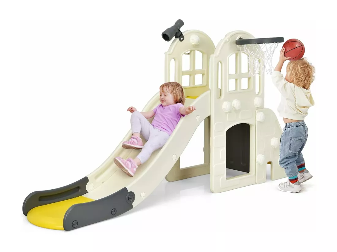 Toboggan 6 en 1 pour Enfant - Glisse de 140 CM - avec Panier de Basket, Escalade, Lancer d'Anneaux et Télescope,Toboggan Intérieure,Aire de Jeux Extérieure 3-8 Ans, Jaune