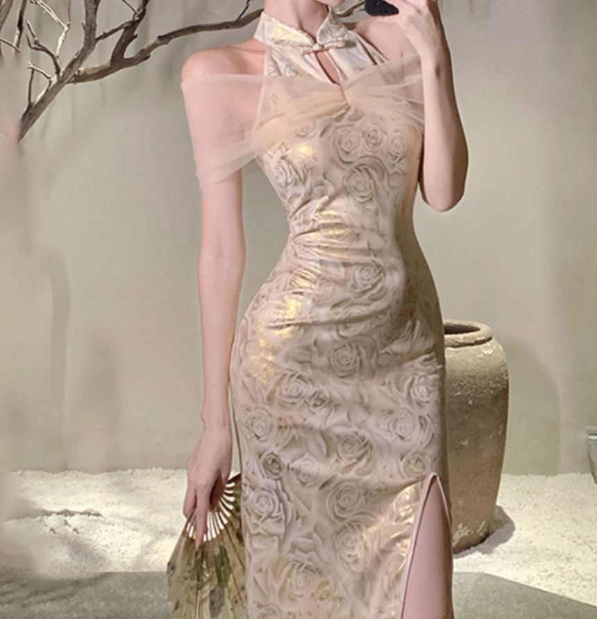 Vensazco - Traditionele Chinese halterhalskraag met bloemenprint, mesh-paneel en split, midi-mantel, qipao