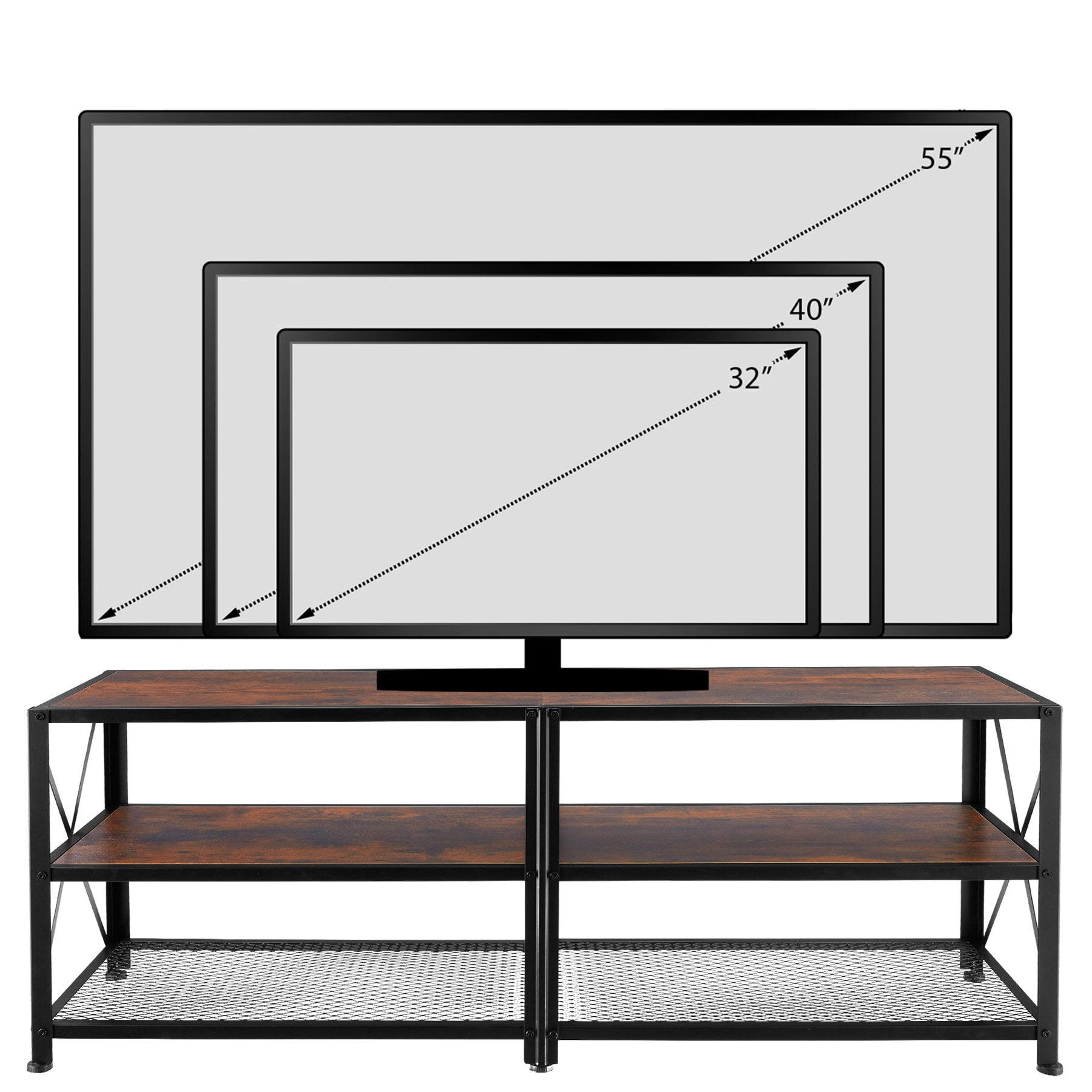 tectake® TV-Regal, Industrial Style, 3 offene Etagen, seitliche X-Streben, 141 x 41,5 x 50,5 cm