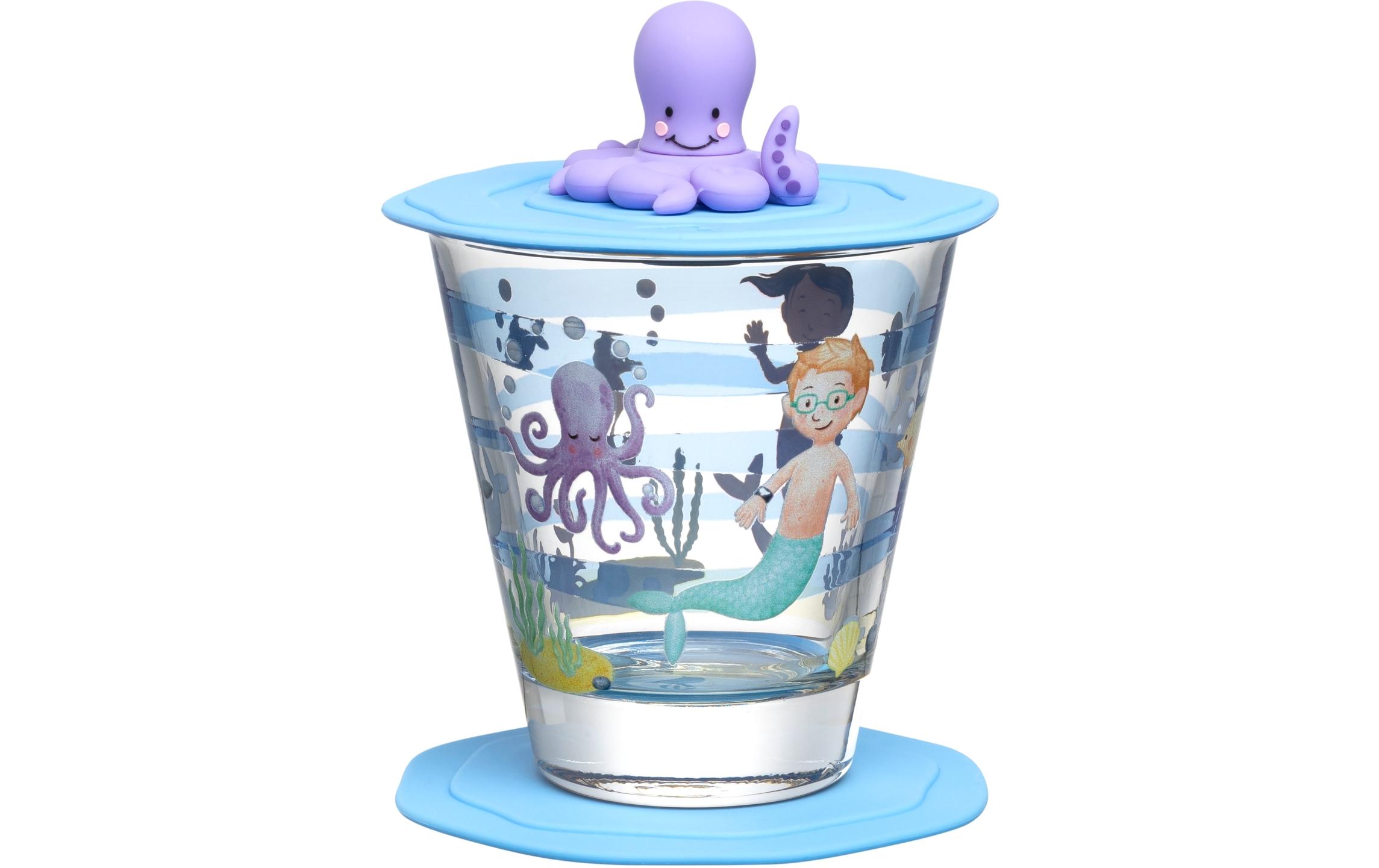 Kindertrinkglas Avventura 215 ml, 3-teilig, MeerTrinkglas für Kinder mit Deckel und Untersetzer