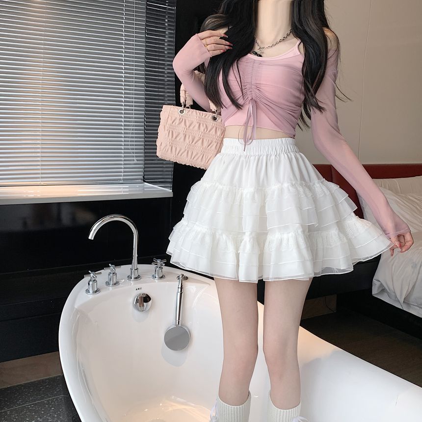 Mikiko - Balletcore High Rise Layered Mesh Mini A-lijn Rok