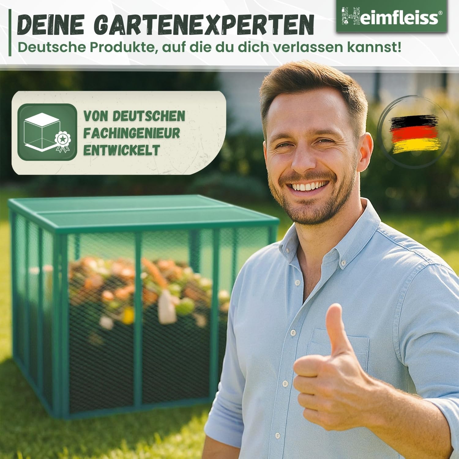 Heimfleiss® Komposter Garten Metall 100x100x75 cm + Deckel & Boden | 750L Metallkomposter verzinkt & pulverbeschichtet | Komposter Metall für Rasenschnitt & Biomüll | Gartenkomposter mit Stecksystem
