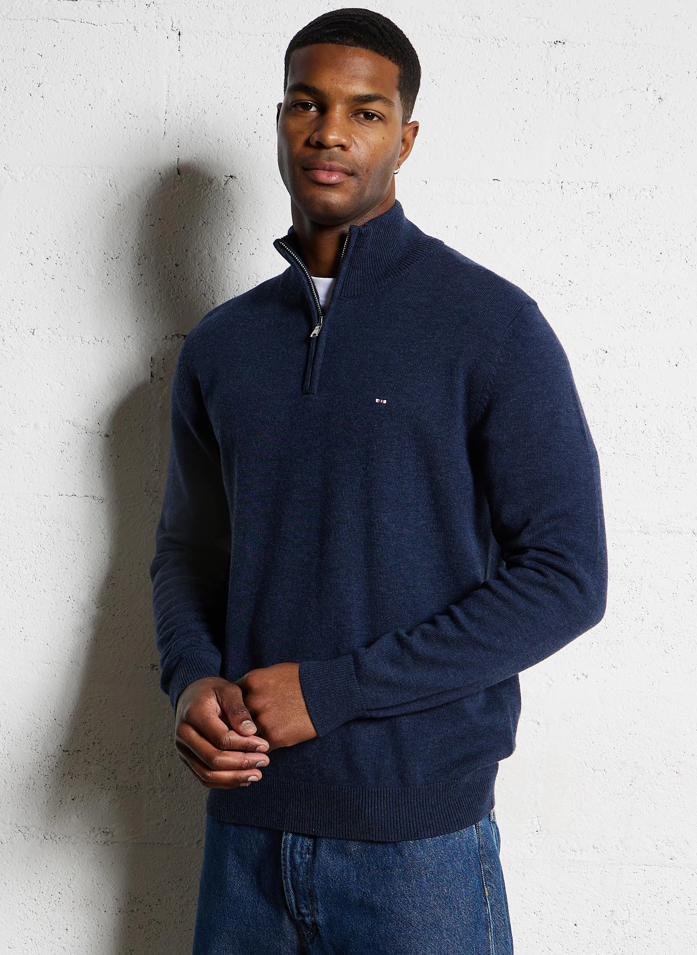 Pull droit en coton et laine | Bleu