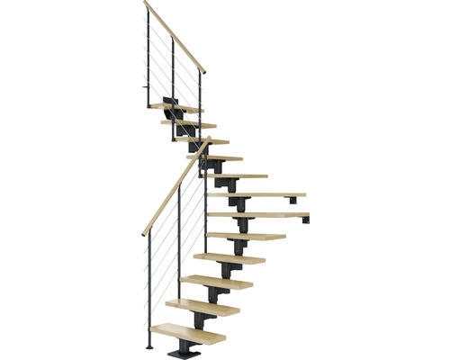 Pertura Chiron Antraciet Middentrap, Kwartslag, Linksonder/Rechtsonder 75 cm, Leuning van gelamineerd esdoornhout, Gelakt, 11 Treden / 12 Stijgers
