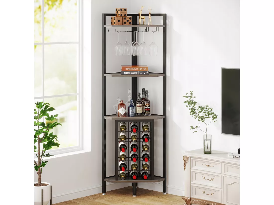Casier à Vin, Étagère à vin d'angle avec Support en Verre et étagères de Rangement, Casier à vin Bouteilles pour Bar à vin, Cuisine, Salle à Manger, Gris