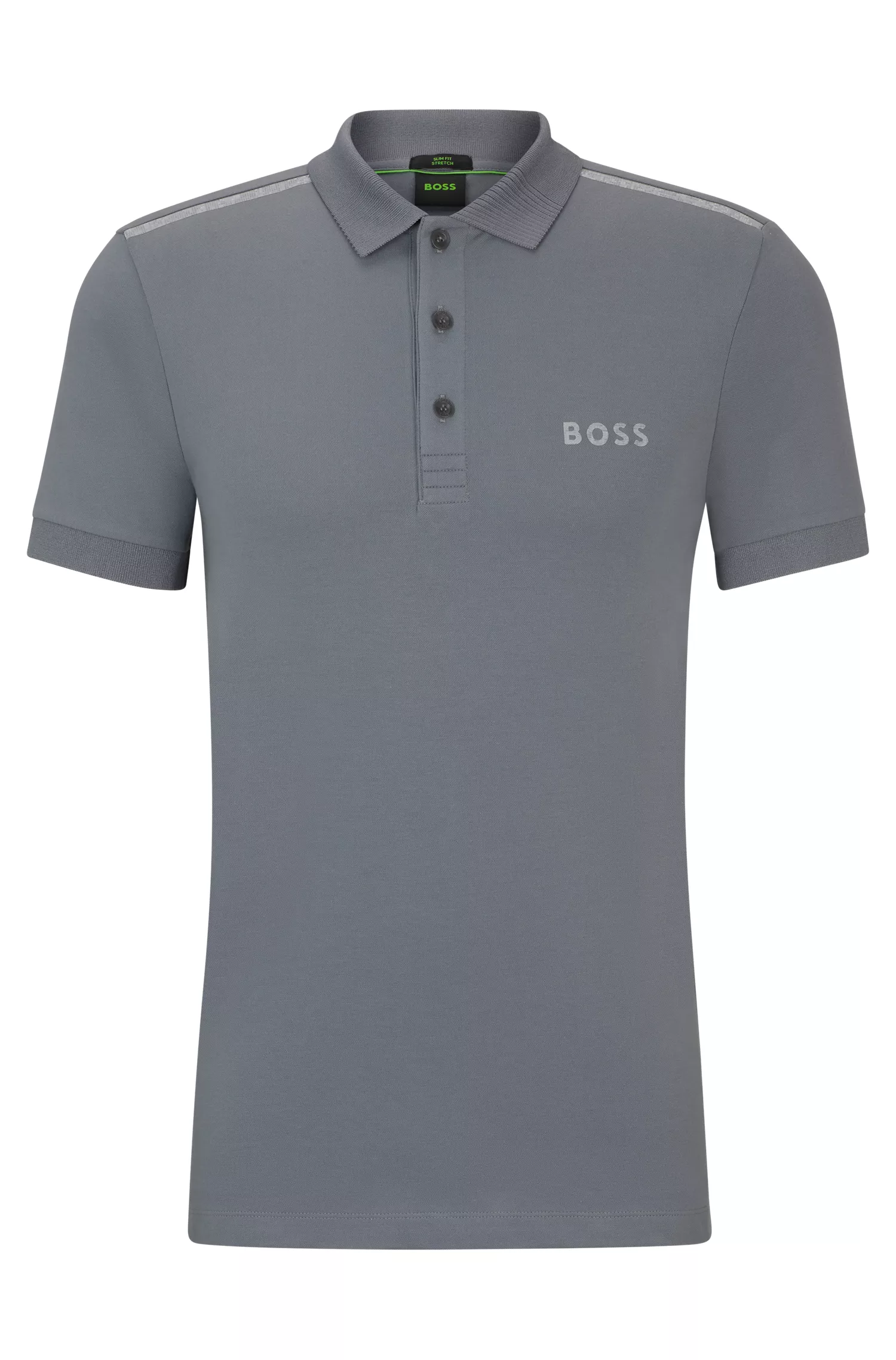 Camisa polo BOSS verde, corte slim, com detalhes refletivos decorativos.