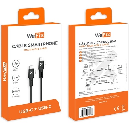 Câble téléphone portable Wefix Cable USB-C vers USB-C 60W 2m Noir