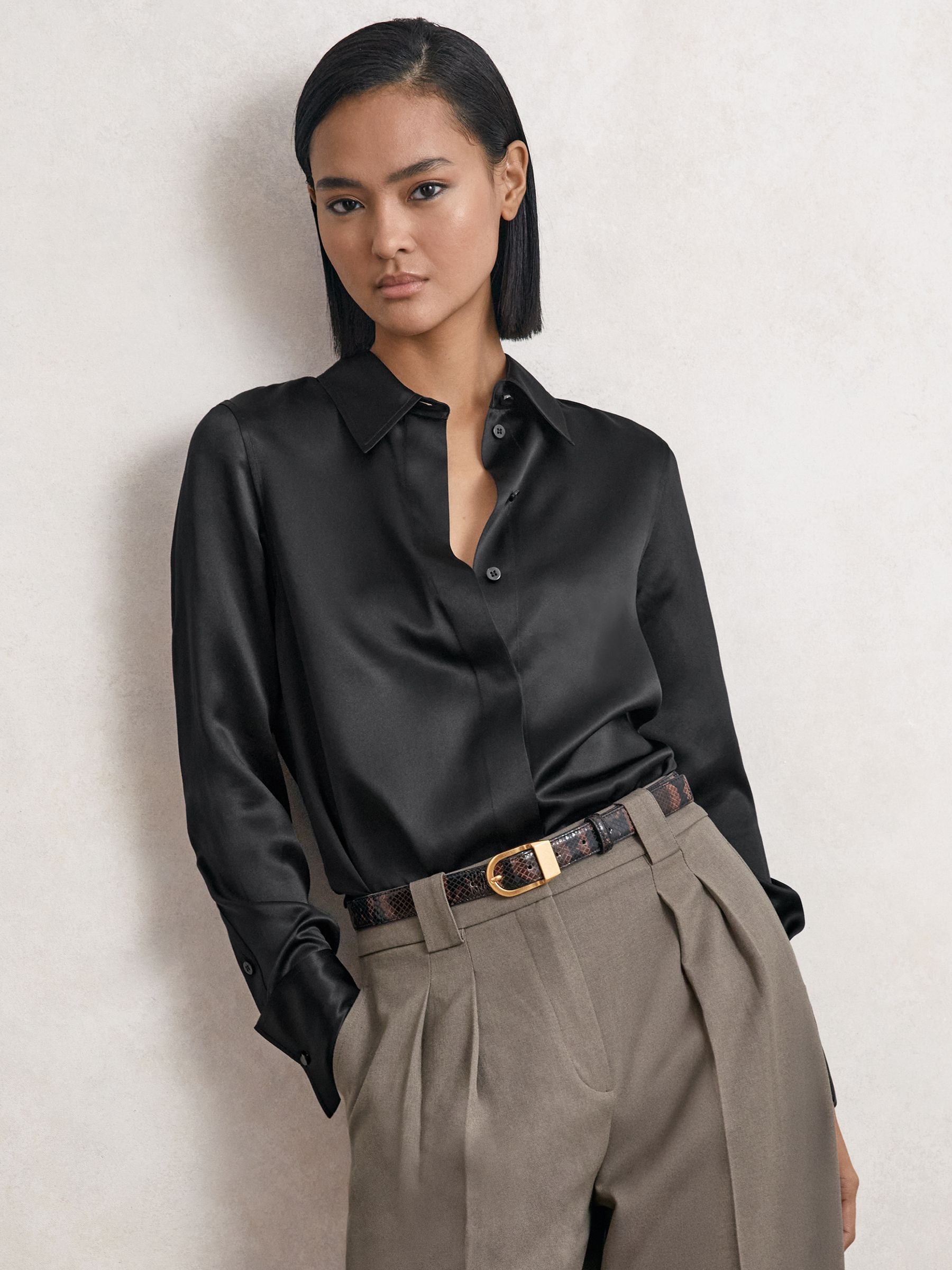 Zwart - Reiss Ameira Silk Satin Concealed Placket Shirt