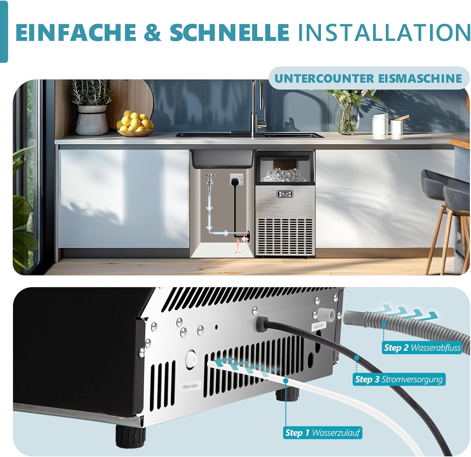 EUHOMY Gewerbliche Eiswürfelmaschine, 45 kg/24 Std. Edelstahl Untertisch-Eismaschine mit 15 kg Eislagerkapazität, freistehende Eismaschine mit Timer, ideal für Bars, Getränkeläden und große Feiern