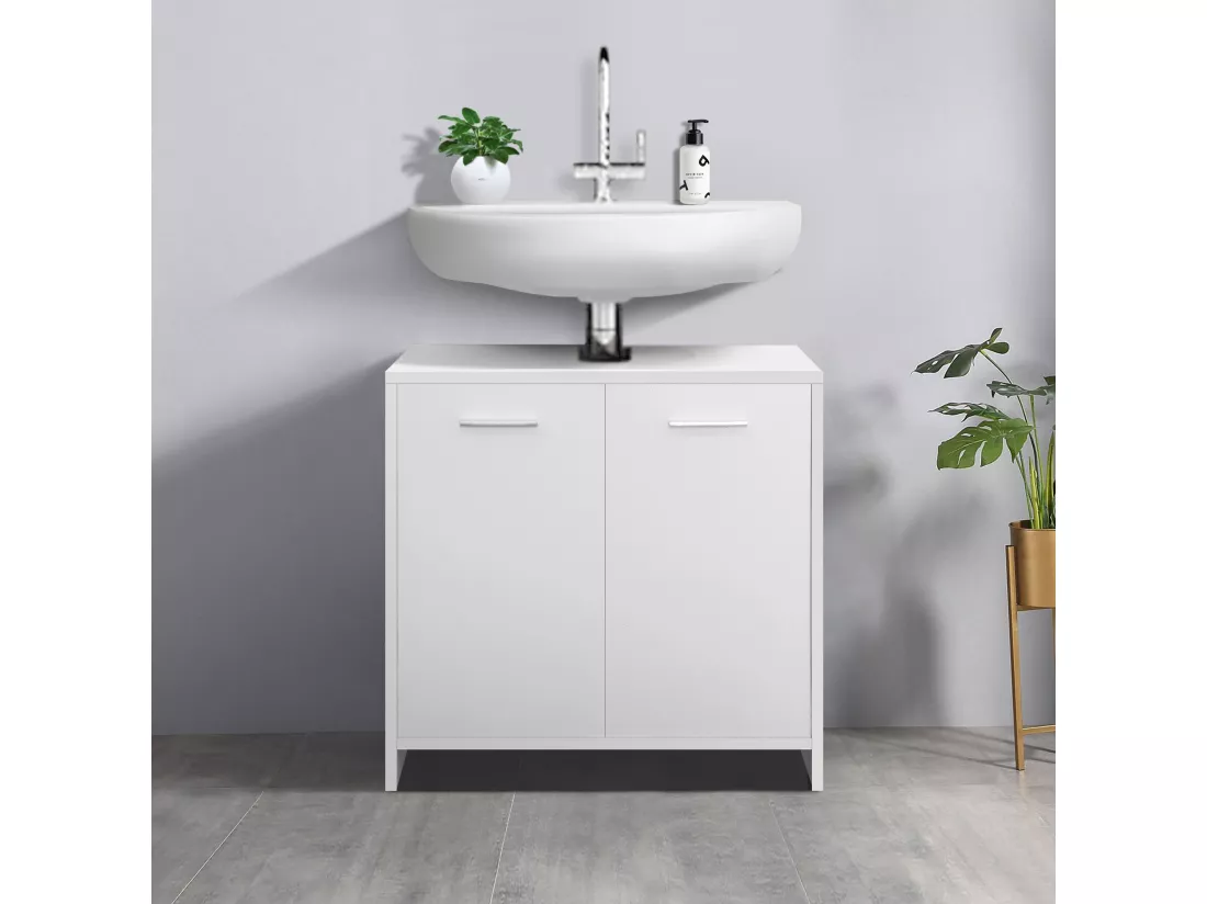 Meuble sous lavabo blanc armoire bas 2 portes 1 espace rangement ML-DESIGN