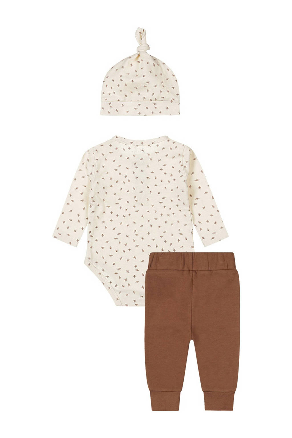 Dirkje romper + broek + muts bruin/offwhite