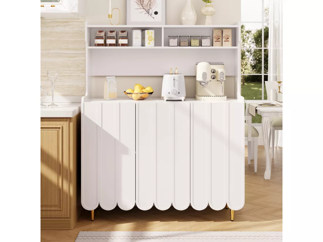 Buffet de cuisine avec 3 portes et étagères de rangement ouverte - 120 x 40 x 151 cm - Bois MDF - Blanc