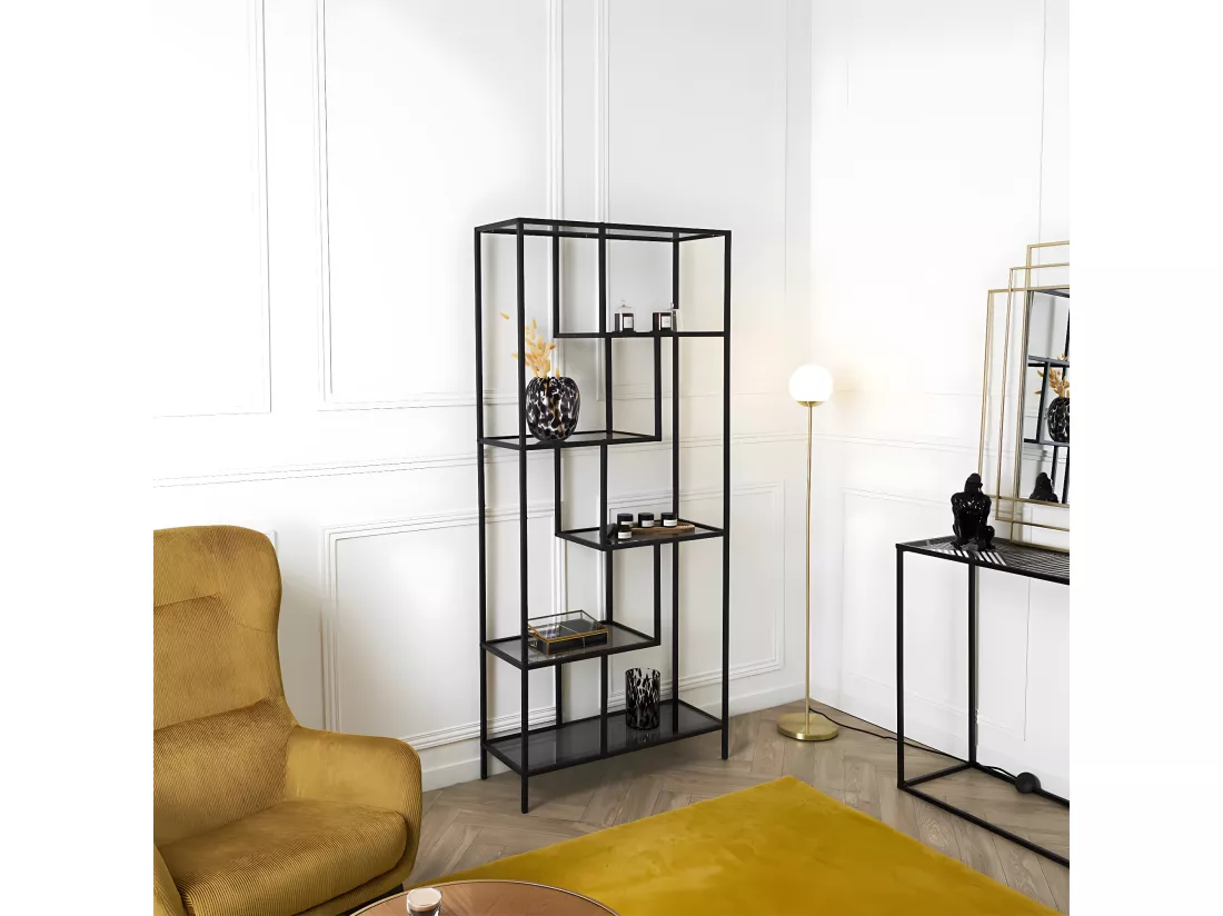 ENDIS - Etagère 6 Niveaux Verre Fumé et Métal Noir