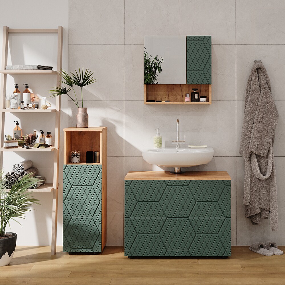 Vicco Badmöbel-Set Irma Eiche Grün 4-teilig Midischrank 95 cm Waschbeckenschrank 80 cm