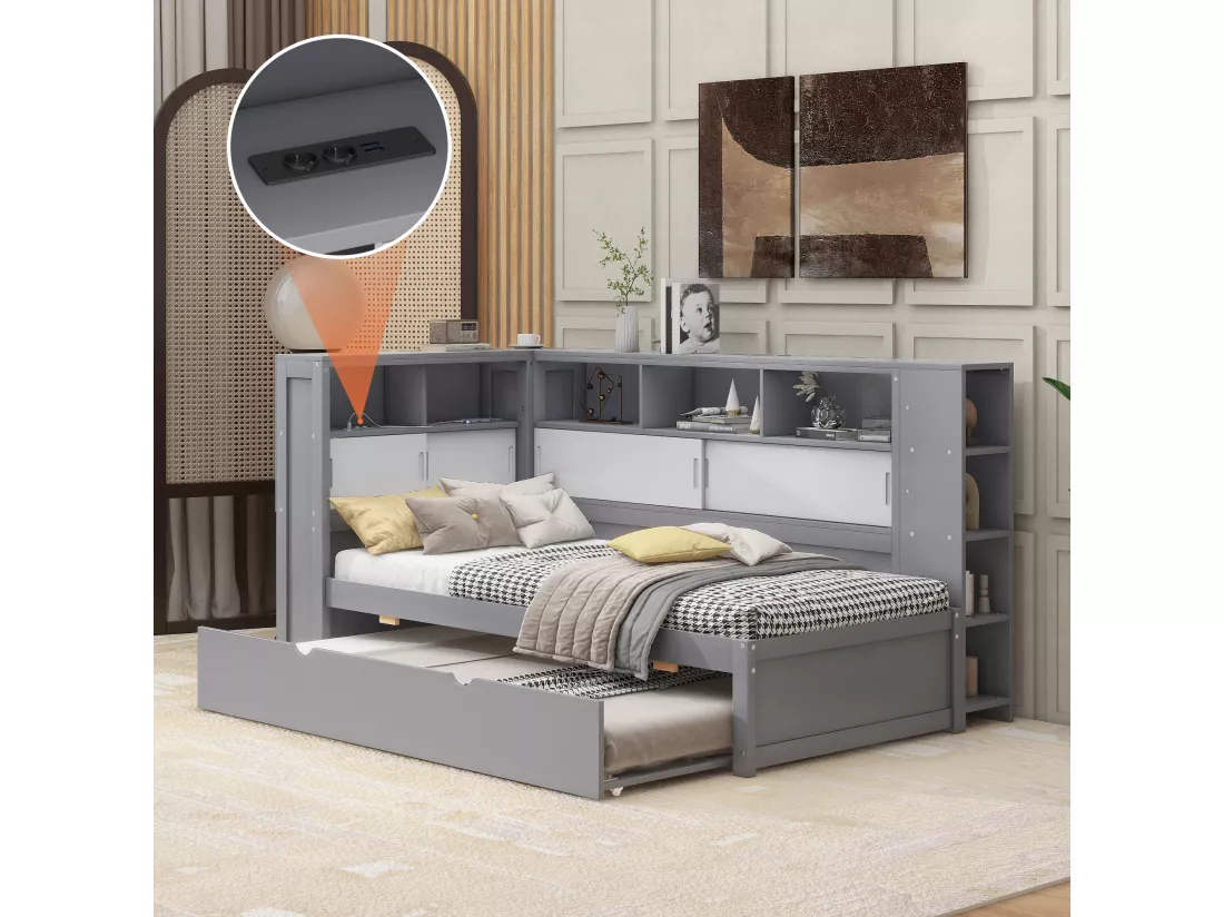 Lit gigogne 90 x 190/200 cm avec tête de lit - Placards de rangement et Prises USB - Panneaux de particules+MDF - Gris (sans matelas)