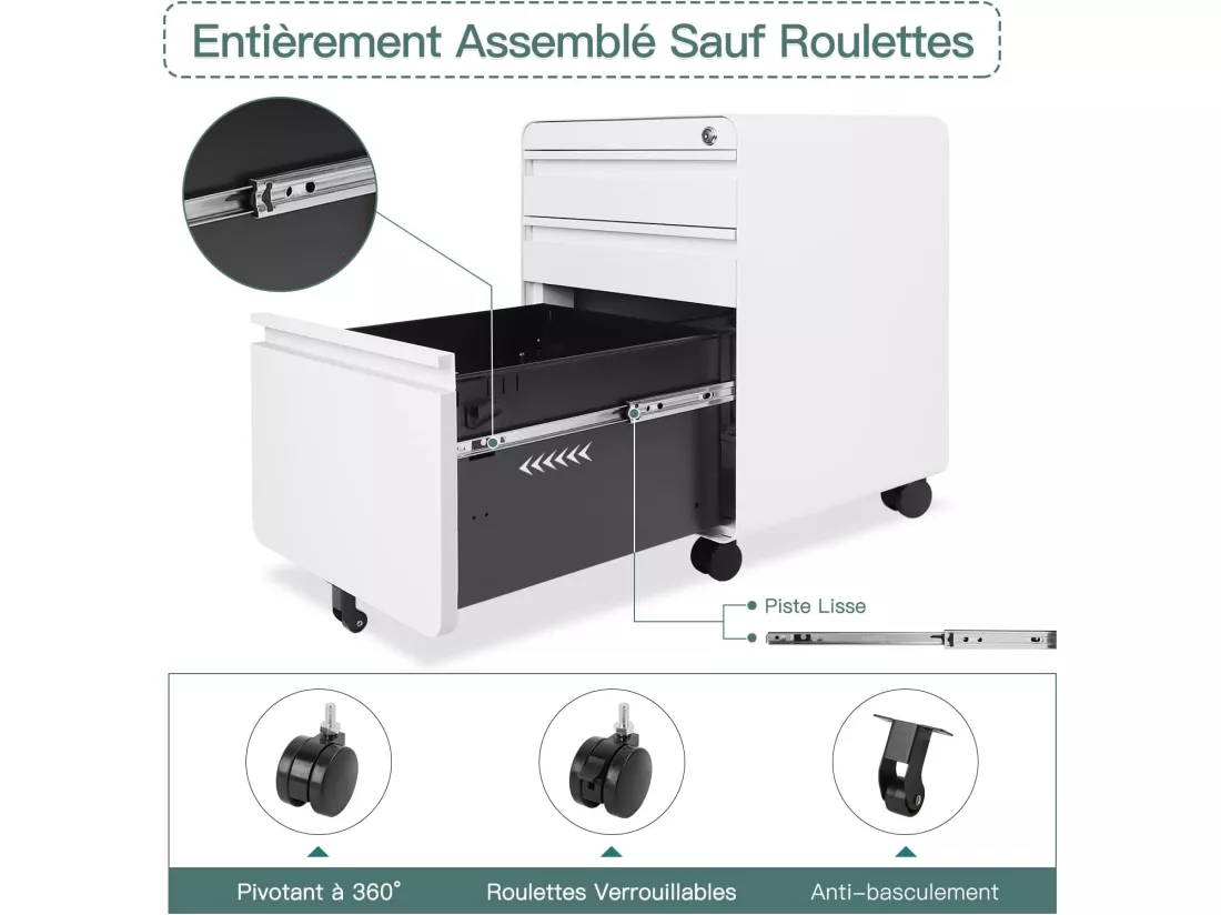 Caisson de Bureau à Roulette 3 Tiroirs,Meuble Dossier Suspendu,Classeur Métal Verrouillable pour Bureau,Bureau à Domicile - 40x45x60cm - Blanc