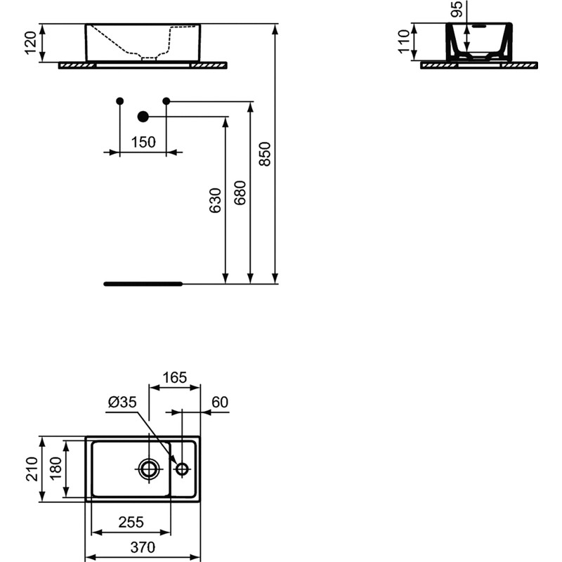 Ideal Standard Tempo fontein 37x21cm kraangat rechts