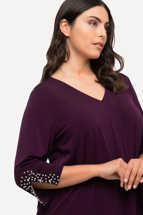 Bluse, Zierfalte, Perlen, A-Linie, V-Ausschnitt, 3/4-Arm