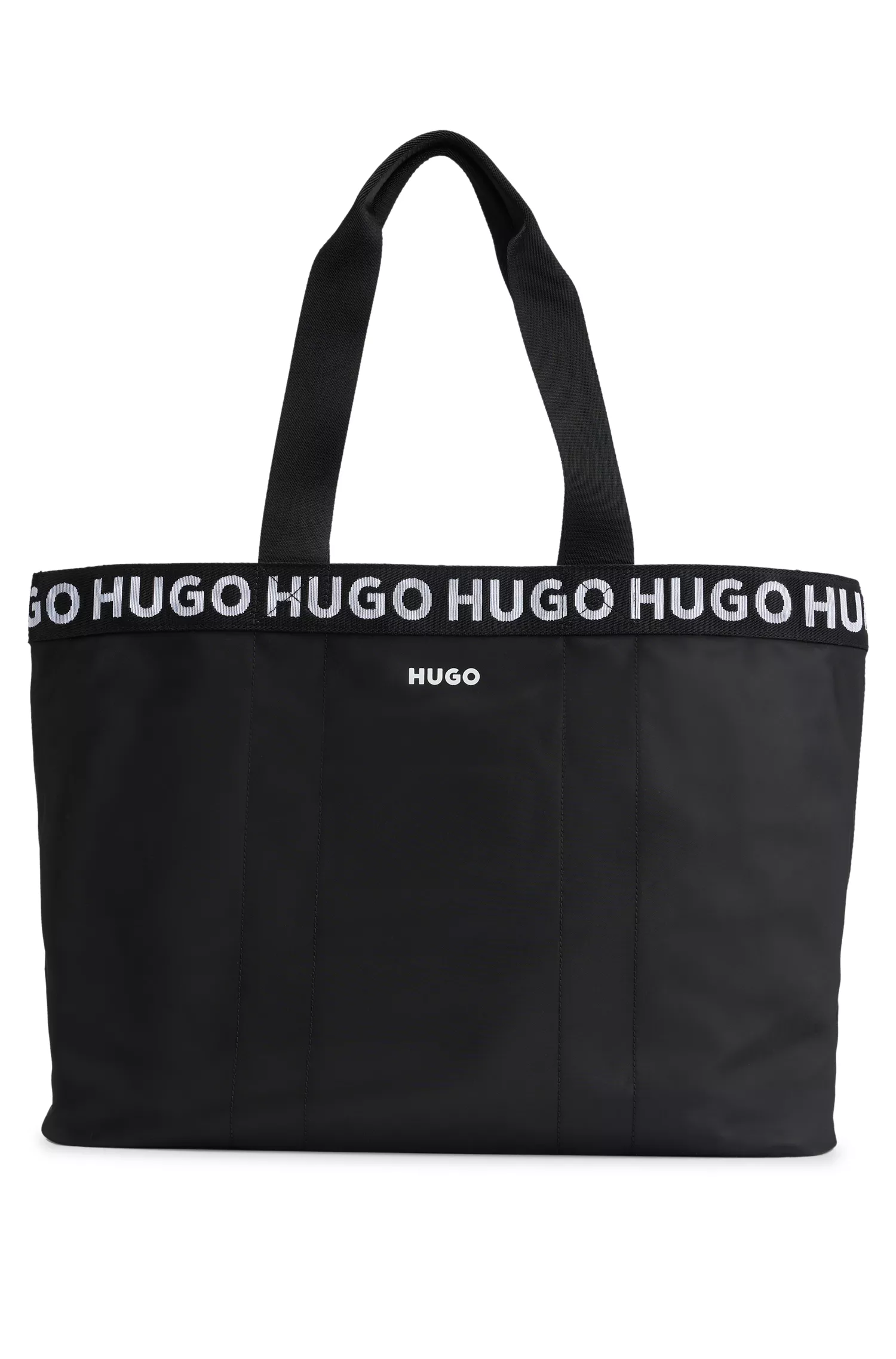 Bolsa tote vermelha HUGO com detalhes de logotipo contrastantes repetidos.