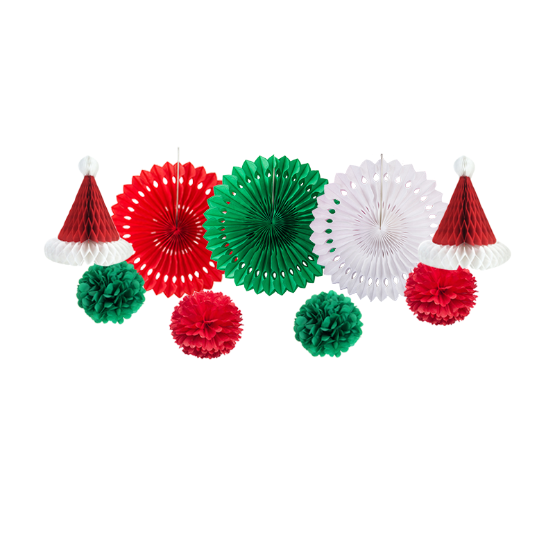 (26-tlg. Set) Merry Christmas Girlande Weihnachts Party Dekoration Pompon's / Papierfächer / Tortenstecker - Rot / Grün / Weiss
