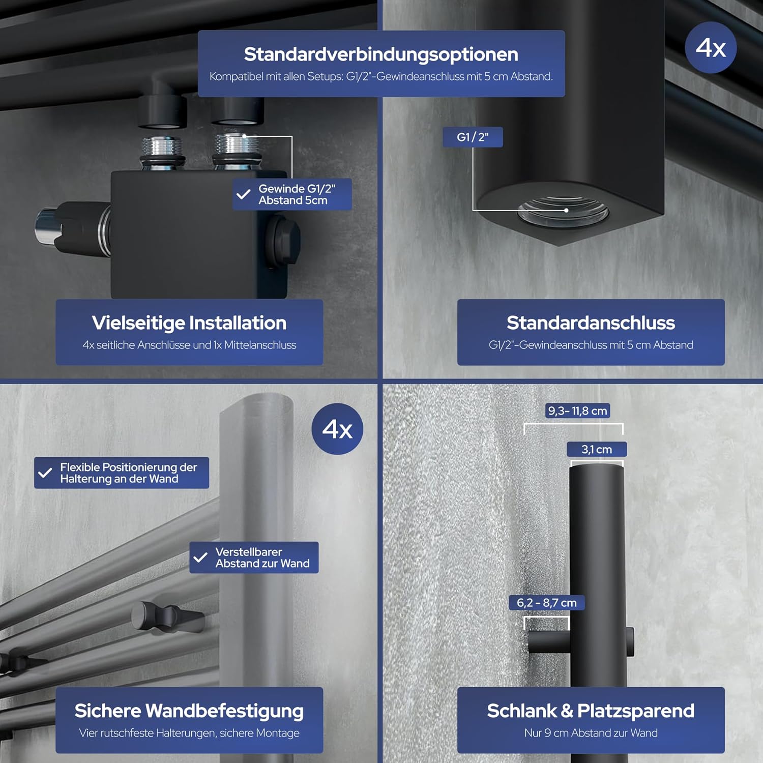 VILSTEIN® Badheizkörper [180x60cm] - Handtuchheizkörper Elektrisch Nutzbar - Handtuchtrockner Badezimmer - Handtuch Heizkörper Bad mit Seitenanschluss - Handtuchheizung - Wandheizkörper (Schwarz)