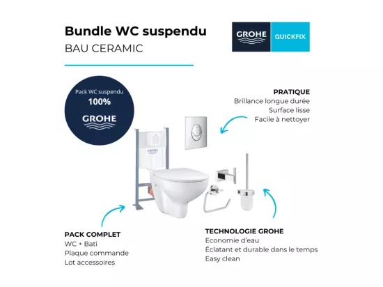 Pack WC sans bride Bau Ceramic avec abattant slim + Bâti support WC Rapid SL + plaque de commande Start chromé + Accessoires