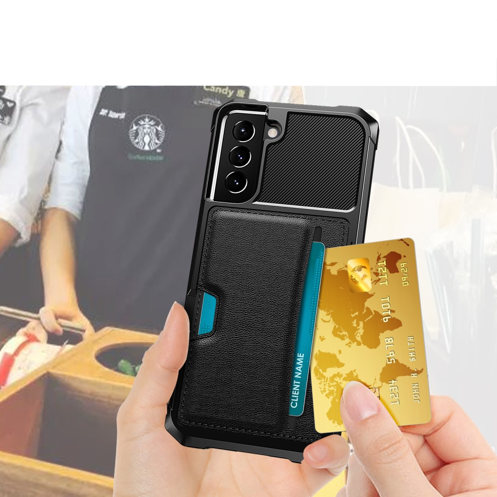 Samsung Galaxy S22 5G Magnetische Hybrid Gummi Hülle mit Kartenfach Air Cushion Fallschutz - Schwarz