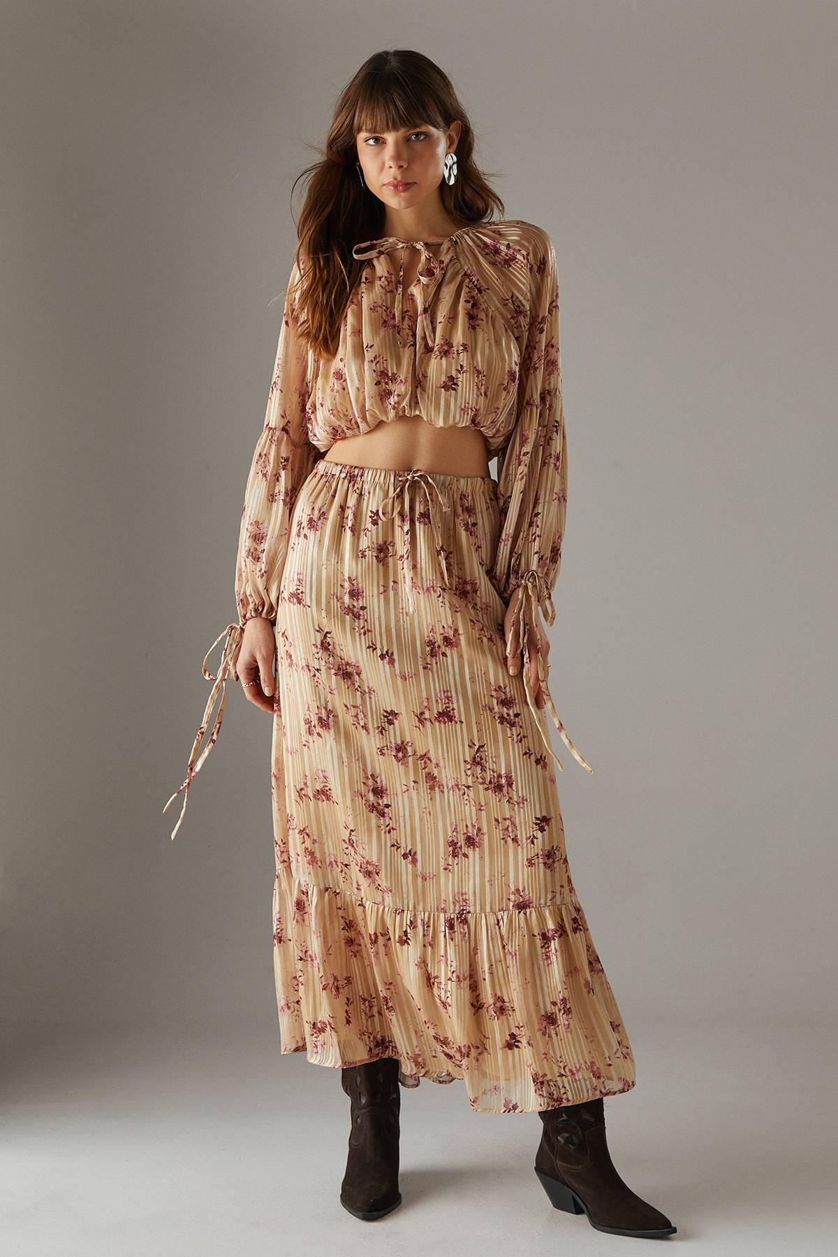 Warehouse Blouse Boho Rayures Ombrées Ourlet Bulle Raccourcie