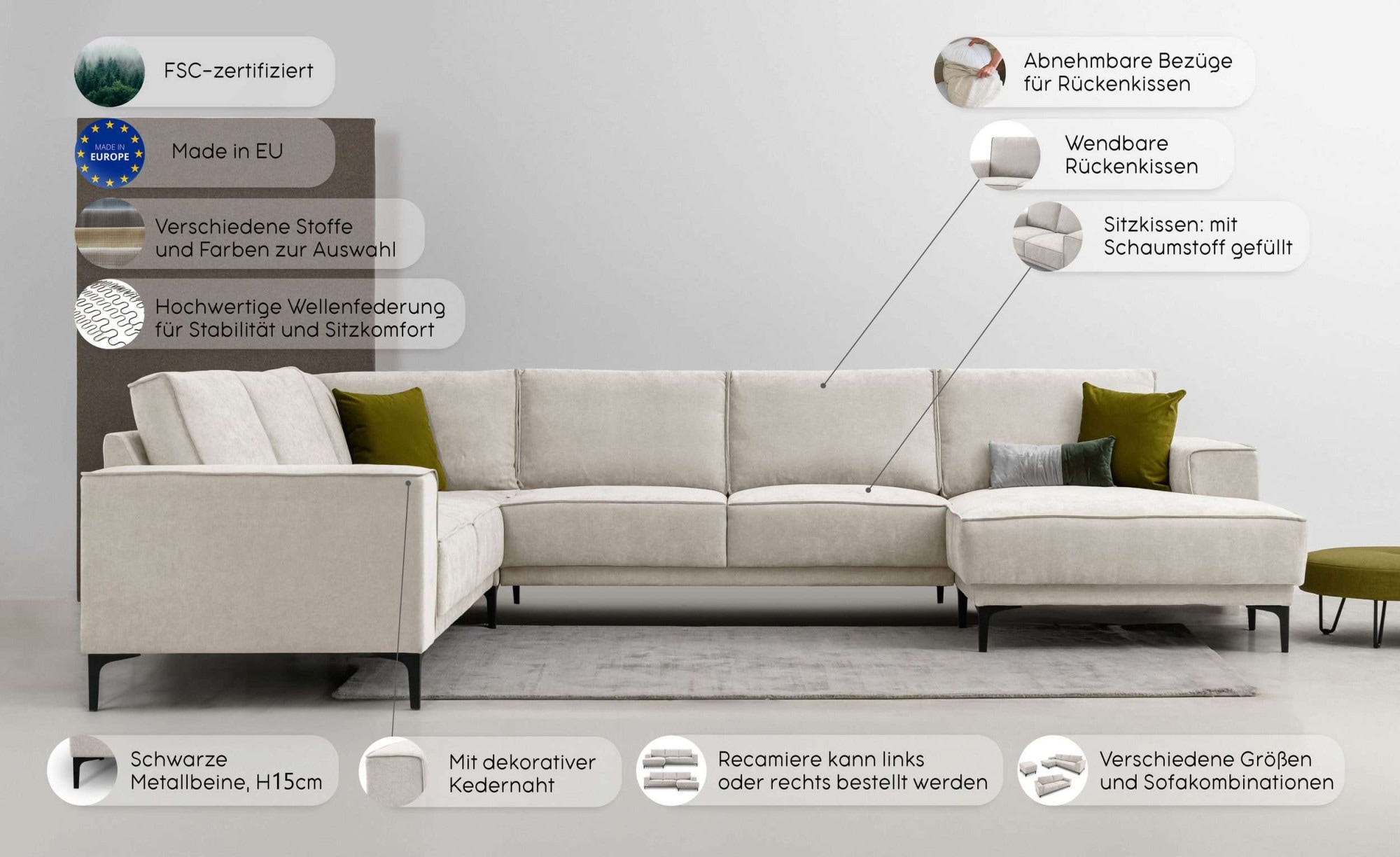 GOODproduct Wohnlandschaft »XXL Sofa Oland, Struktur, Flachgewebe, Luxus-Microfaser, Boucle« U-Form, 342 cm, Wellenunterfederung, Skandi-Design, Metallfüsse