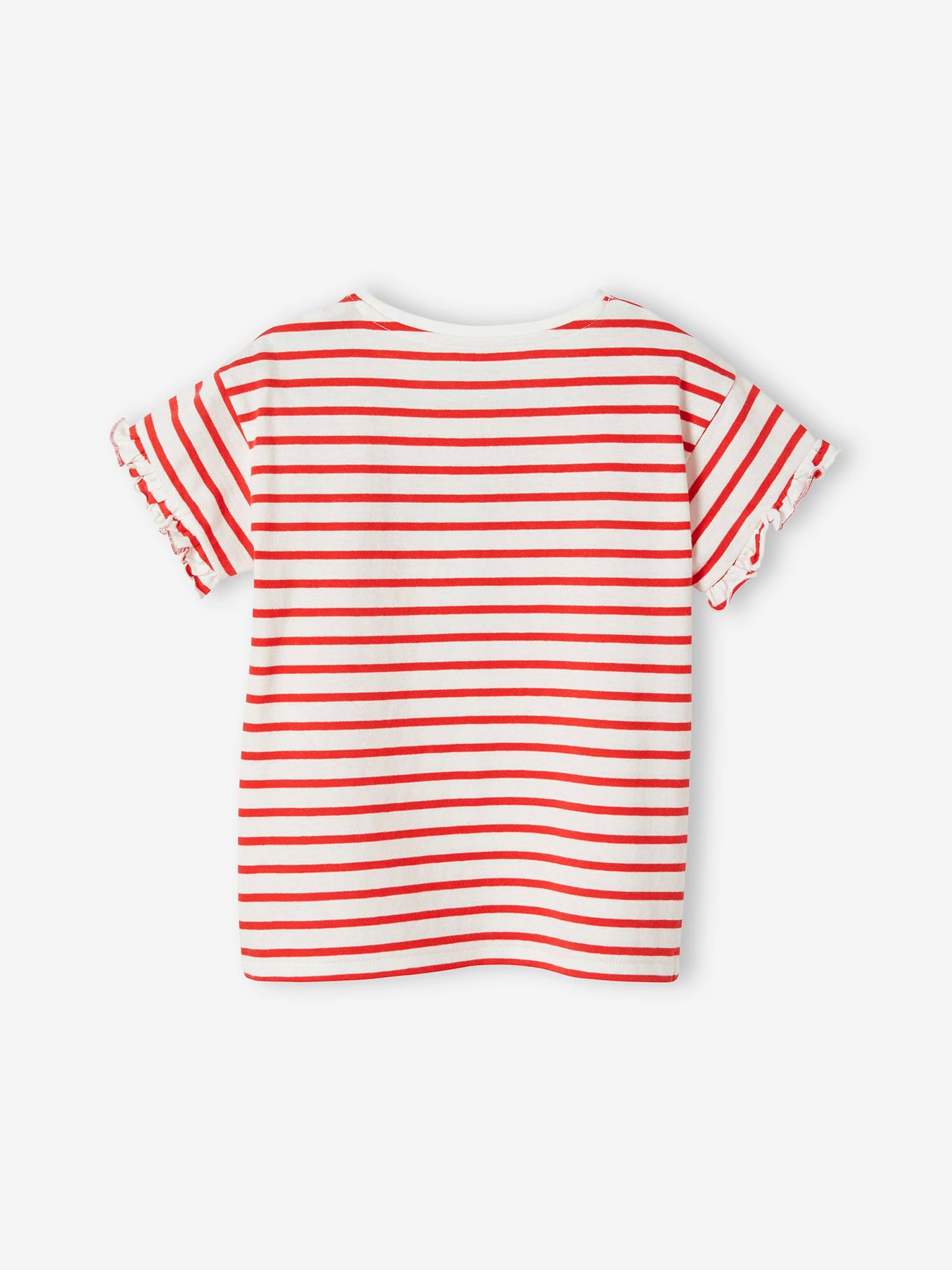 Camiseta listrada com coração e lantejoulas, para meninas, listras azuis.