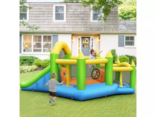 Château Gonflable en Forme de Pentagone avec Toboggan, Maison de Rebond Gonflable avec Piscine à Balles, Panier de Basket, Intérieur Extérieur pour 3 Enfants de 3-10 Ans（sans souffleur)