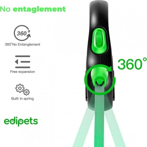 Guia extensível ajustável Edipets com sistema de freio, verde e preta, para cães.