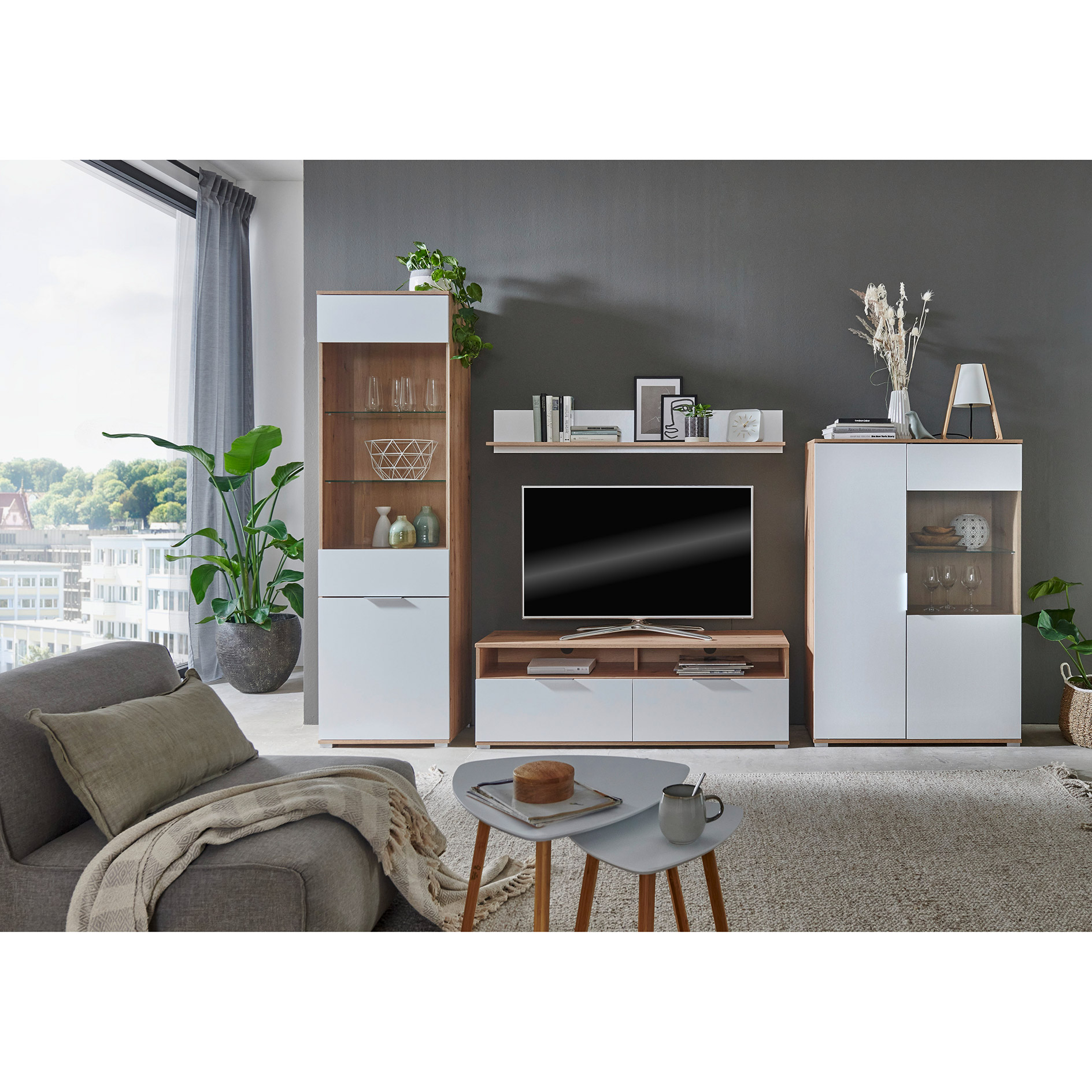Standvitrine - weiß Glanz - Artisan Eiche - 195 cm hoch