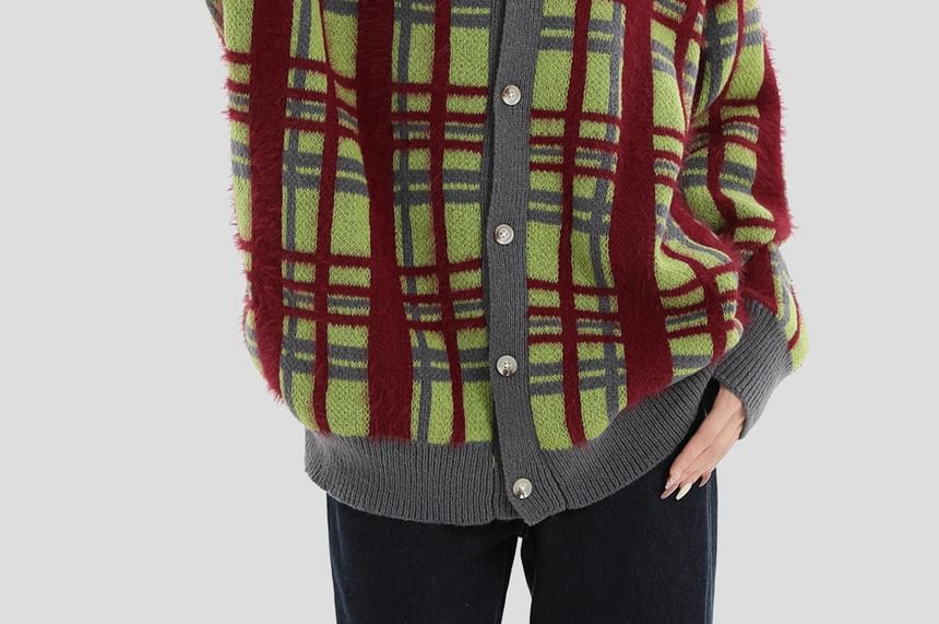 INStudio - Matching ronde hals geruite cardigan voor koppels