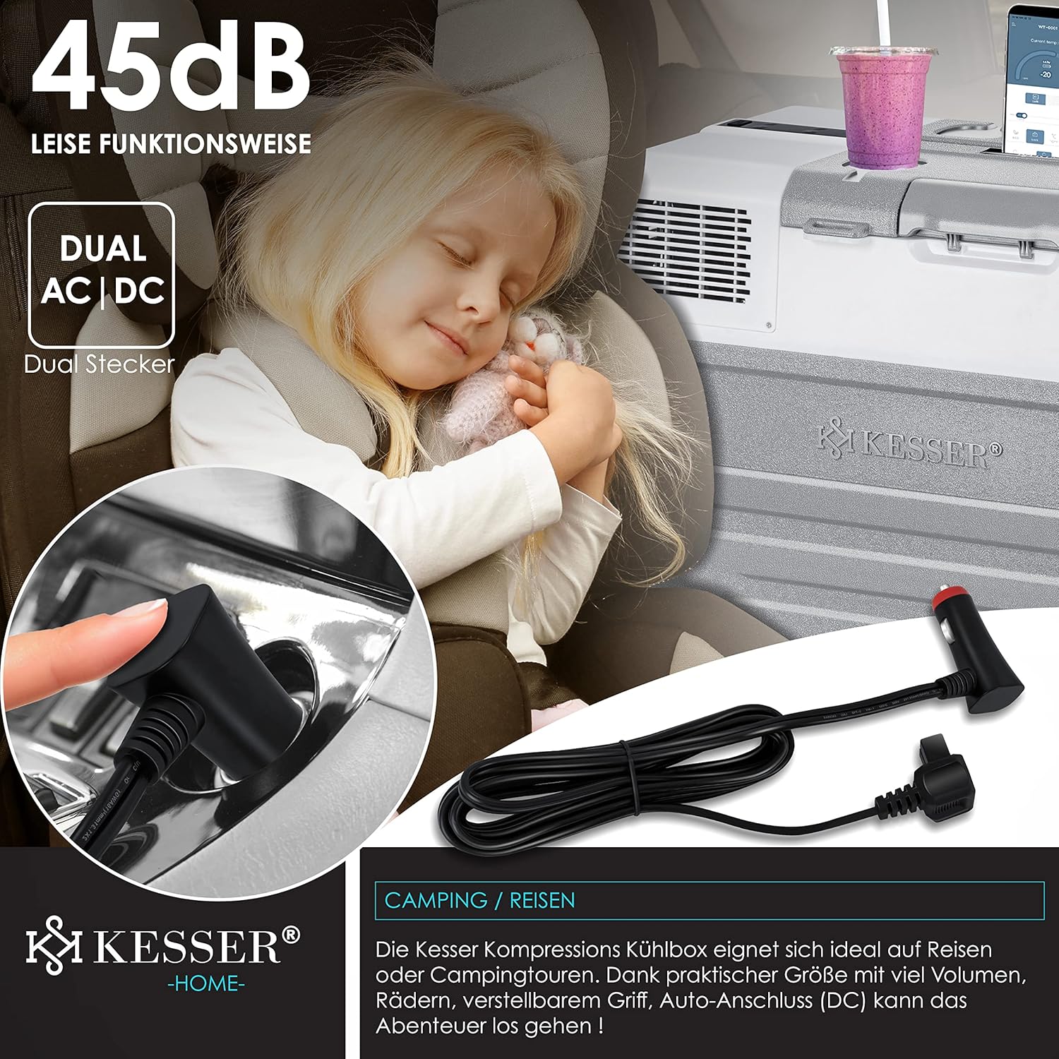 KESSER® Kompressor Kühlbox elektrisch Gefrierbox, 52 Liter Mit APP-Steuerung USB-Anschluss 12/24 V 230V, +Teleskopstange, 2x Kühlbox Räder Kühlschrank Kühlung bis -20 °C für Auto, Lkw, Boot + Kühlakku