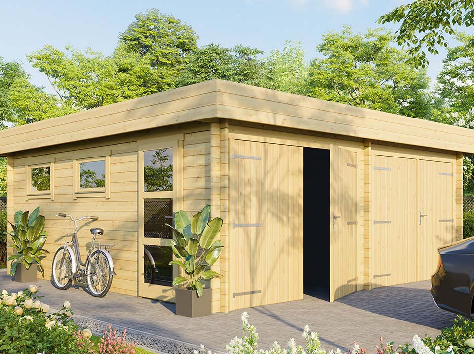 Garage bois 2 voitures chavagnac - epaisseur des murs : 44mm - portes bois - porte de service - fenêtres double vitrage